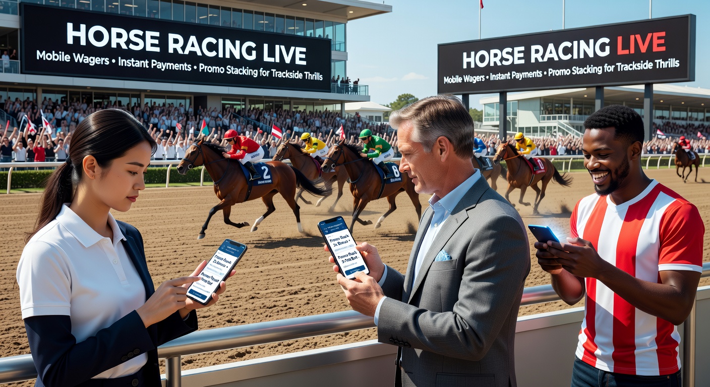 Spannende paardenrace met jockeys in volle galop op de renbaan, mobiele telefoon in actie voor live weddenschappen