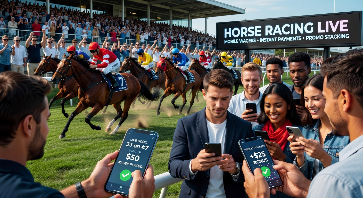 Mobiele app in actie met live odds op paardenrennen, overlay van promoties en snelle betaalopties tijdens een race
