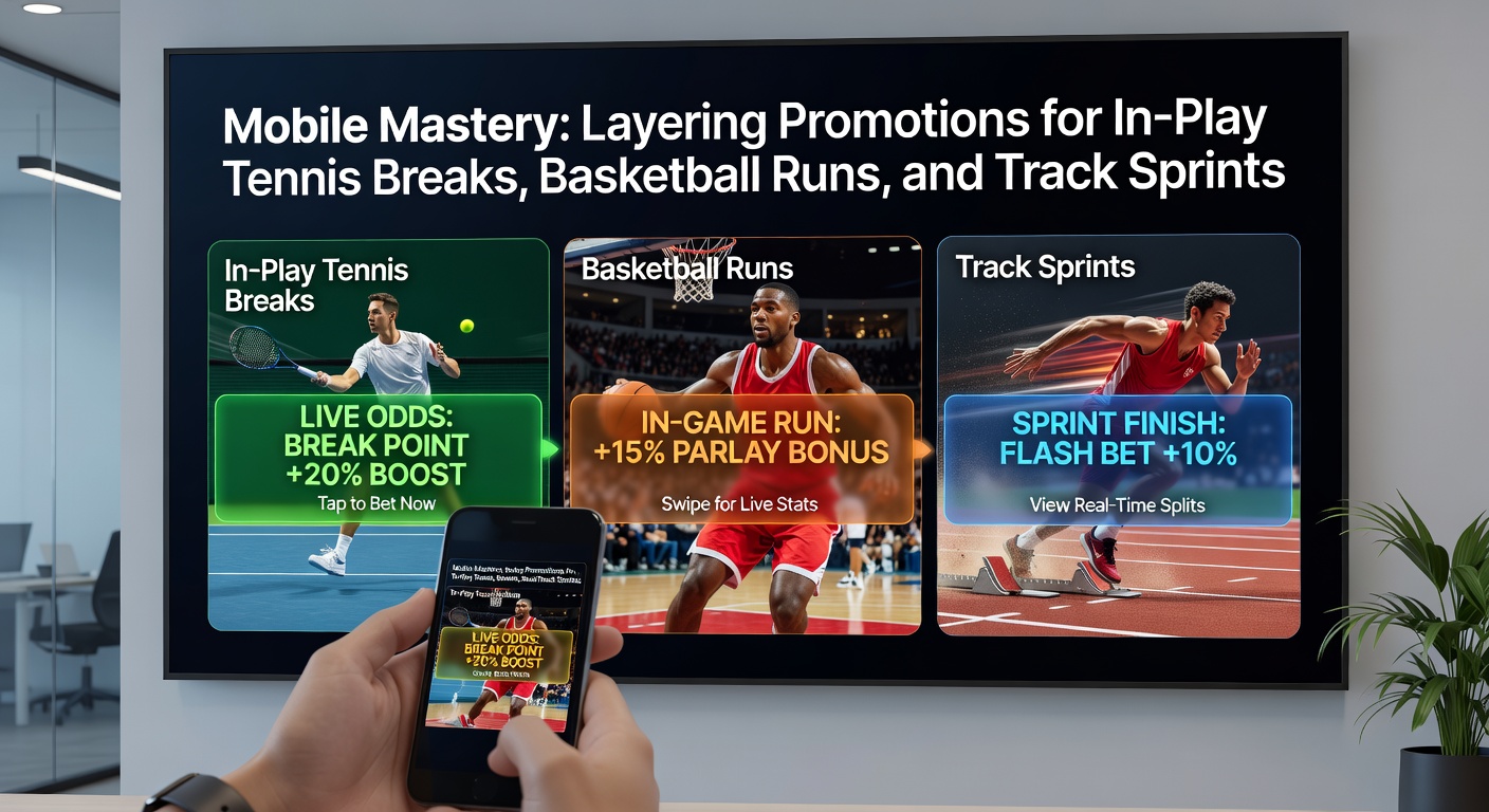 Mobiel basketbalrun in-play wedden met gestapelde promoties en depositknop zichtbaar op het scherm tijdens een live quarter