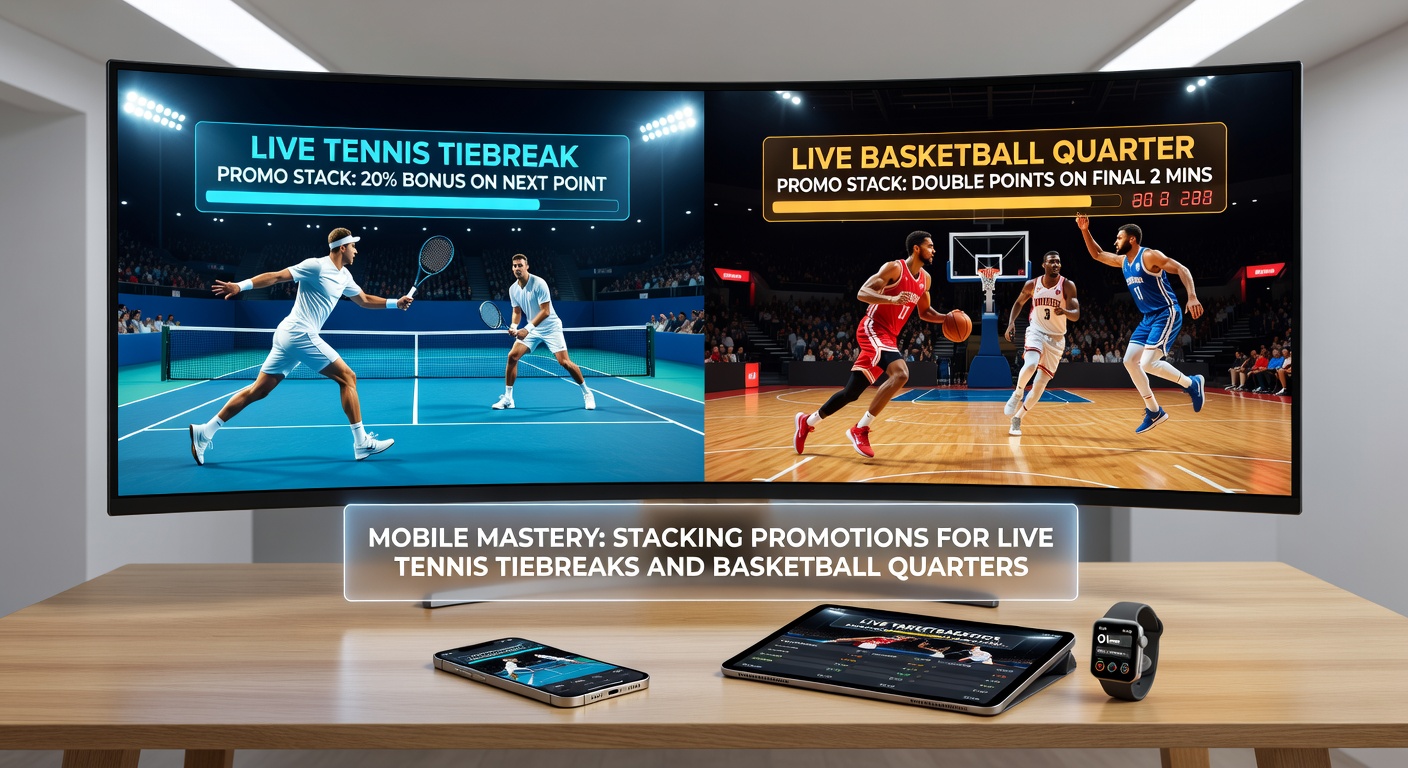 Mobiele app toont live tennis tiebreak met gestapelde promoties en snelle bet opties tijdens een intense rally