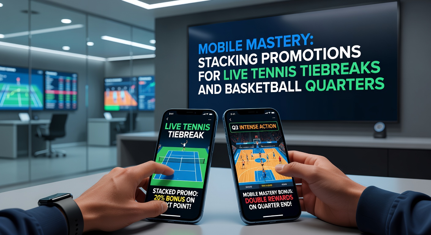 Live basketbal quarter op mobiel scherm met overlay van gestapelde promoties, free bets en odds boosts tijdens een spannende driepunter