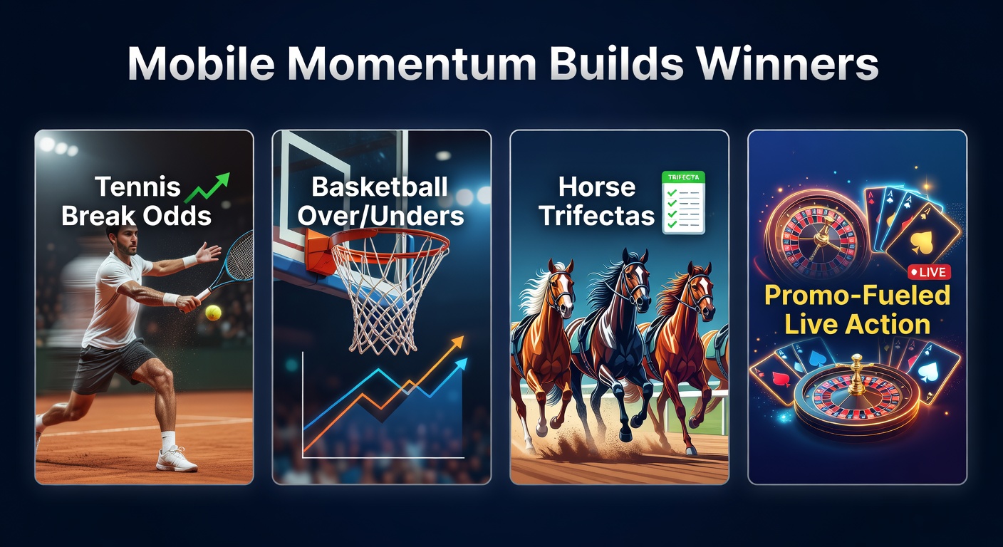 Mobiele app toont live tenniswedstrijd met break odds en promoties op scherm, terwijl een gebruiker inzet plaatst tijdens een spannende rally