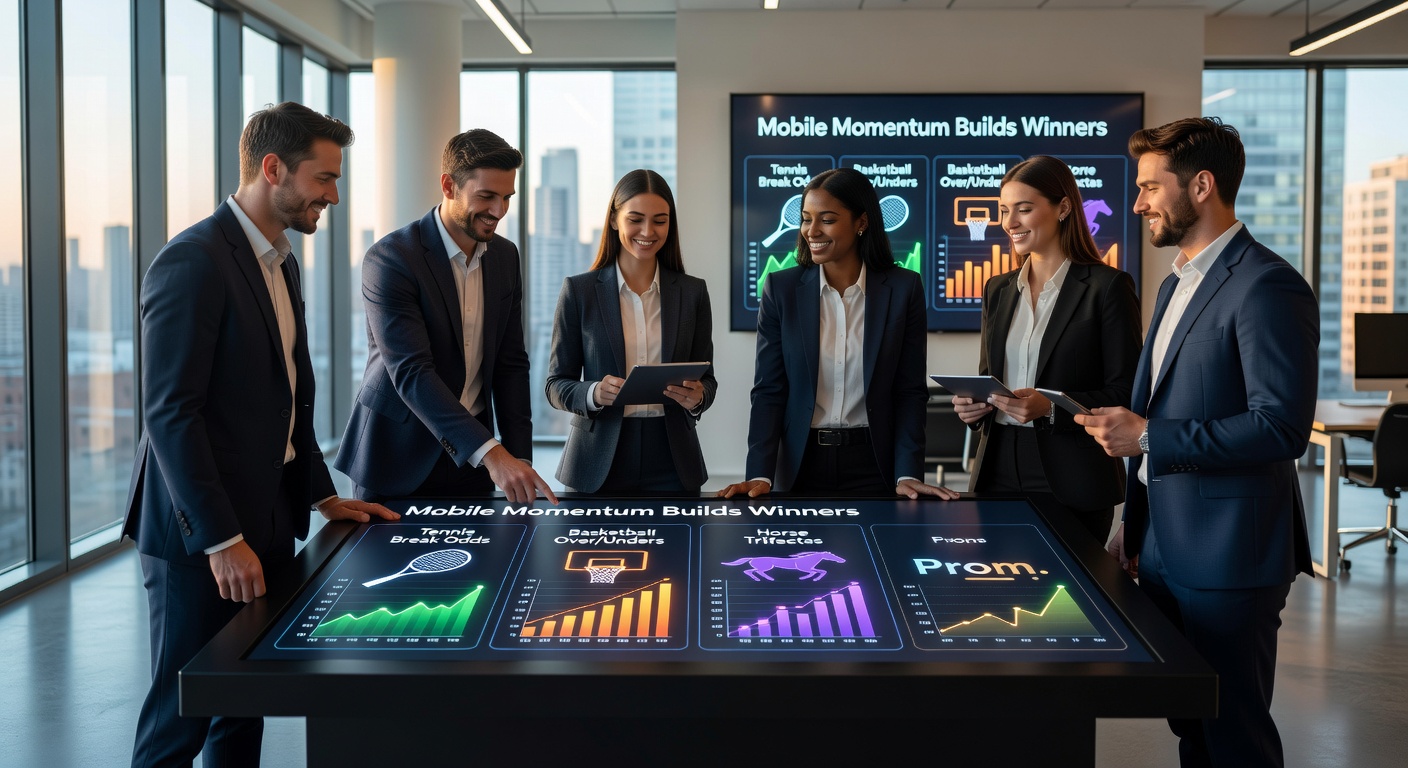 Basketbalspelers in actie tijdens overtime, met mobiel scherm dat over/under odds en trifecta-opties voor paarden toont, promo banner op de achtergrond