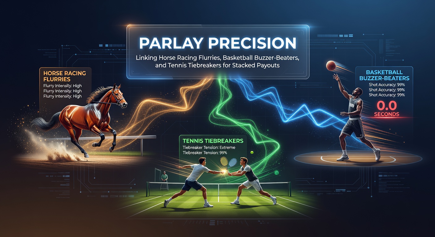 Dynamische actie op de renbaan met galopperende paarden in een spannende eindsprint, gecombineerd met basketbalspelers die mikken op een buzzer-beater en een tennisspeler die serveert tijdens een tiebreak