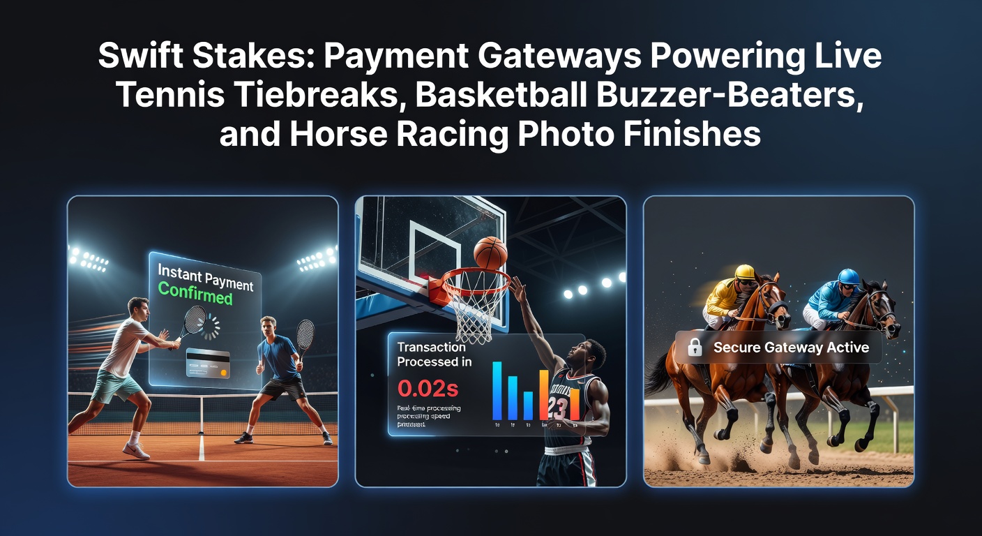 Dramatische live sportactie met tennisspelers in tiebreak, basketbalspeler bij buzzer-beater en paardenrennen photo finish, overlay van digitale betaaliconen voor snelle transacties