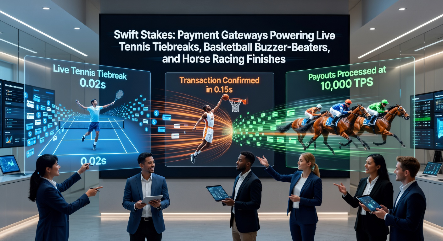 Close-up van betaalapp op smartphone tijdens live paardenrennen photo finish, met tennis tiebreak en basketbal buzzer-beater op achtergrondschermen, symboliserend snelle transacties