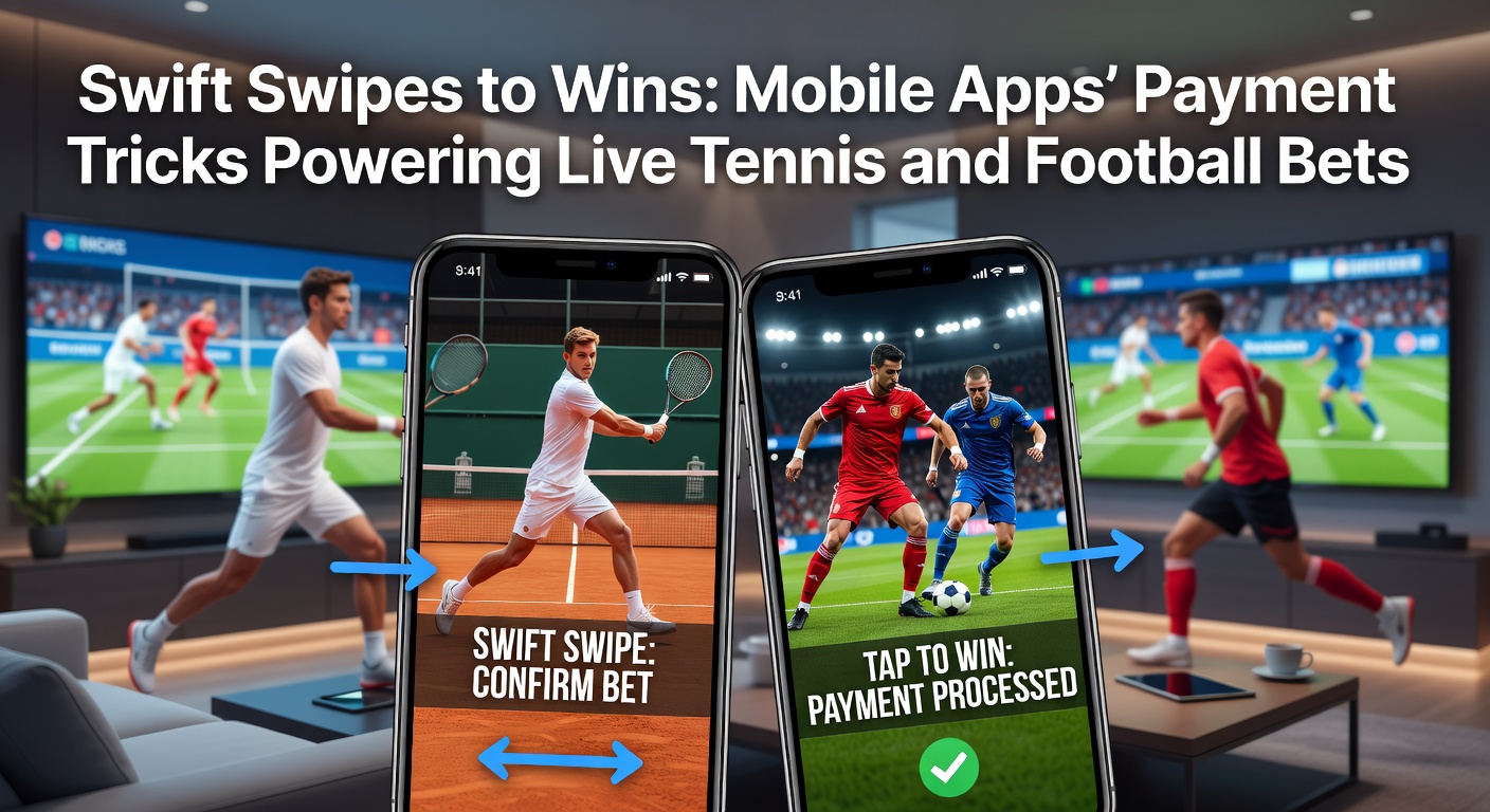 Mobiele app met live tennisweddenschap en snelle betaalopties op scherm, inclusief swipe-gebaren voor directe inzetten
