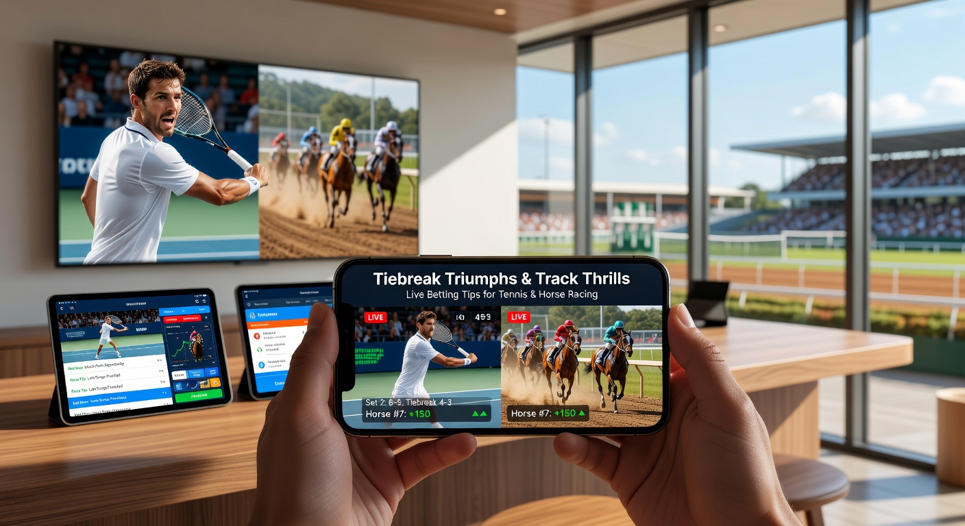 Tennisspeler viert tiebreak overwinning terwijl paardenrennen in volle sprint gaan, met mobiele app op voorgrond voor live betting